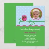 Owl Girl Birthday Photo Invitation Kaart (Voorkant / Achterkant)