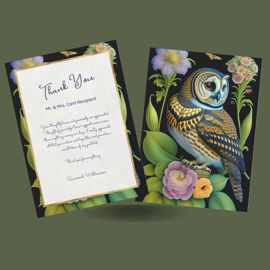 Owl Green Floral Illustralized Personalized Bedankkaart
