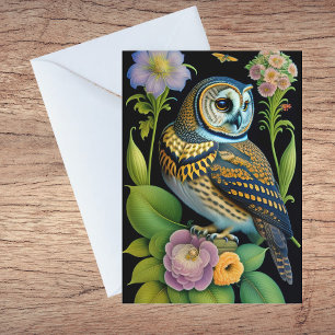 Owl Green Floral Illustration Blank Notitiekaartje