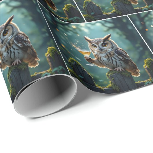 Owl Holding a Cocktail In a Mystical Forest Cadeaupapier (Rol Hoek)