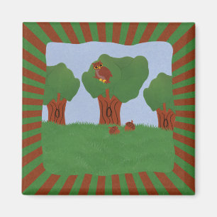 Owl in het Oak Tree Sunburst Design Magneet