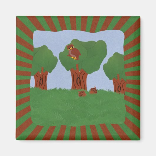 Owl in het Oak Tree Sunburst Design Magneet (Voorkant)