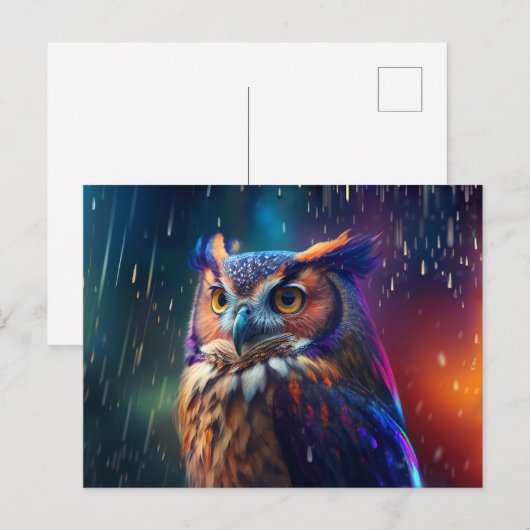 Owl in het Rain Vivid Art Briefkaart (Voorkant / Achterkant)