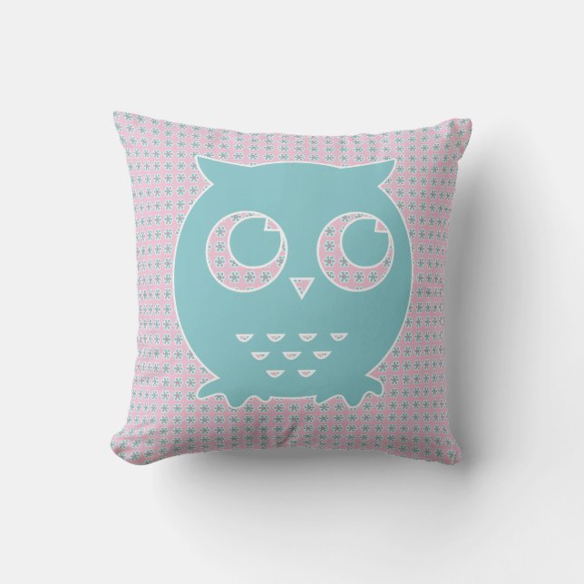 Owl in Lichte Roze en Blauw op Vloerachtergrond Kussen (Voorkant)