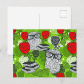 Owl in rode rozen briefkaart (Voorkant / Achterkant)