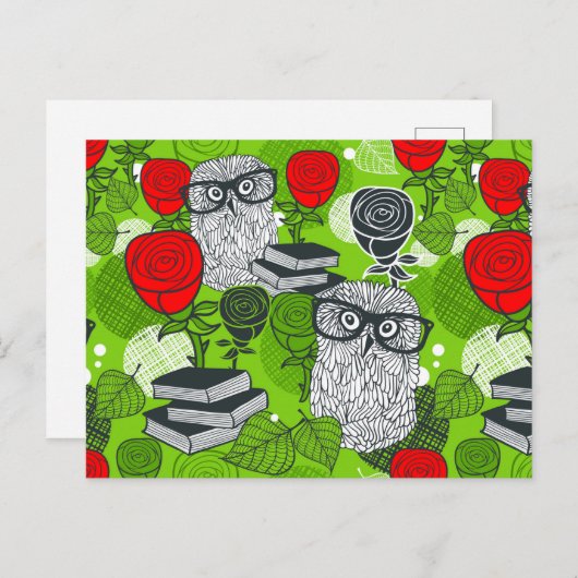 Owl in rode rozen briefkaart (Voorkant / Achterkant)