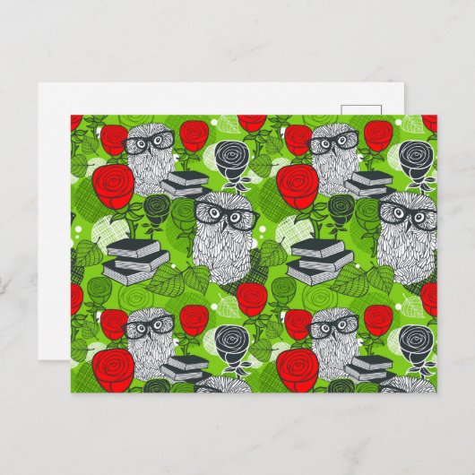 Owl in rode rozen briefkaart (Voorkant / Achterkant)