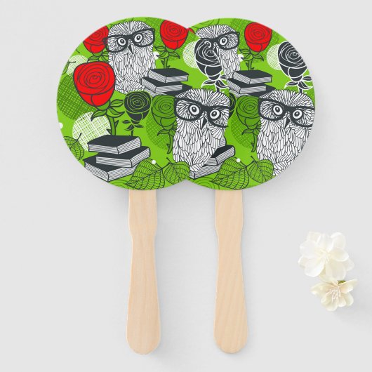 Owl in rode rozen handwaaier (Voorkant en achterkant)