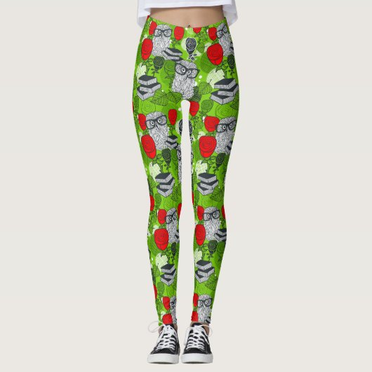 Owl in rode rozen leggings (Voorkant)