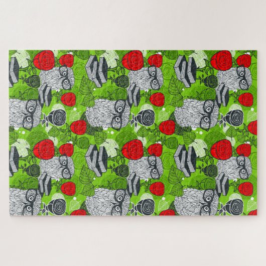 Owl in rode rozen legpuzzel (Horizontaal)