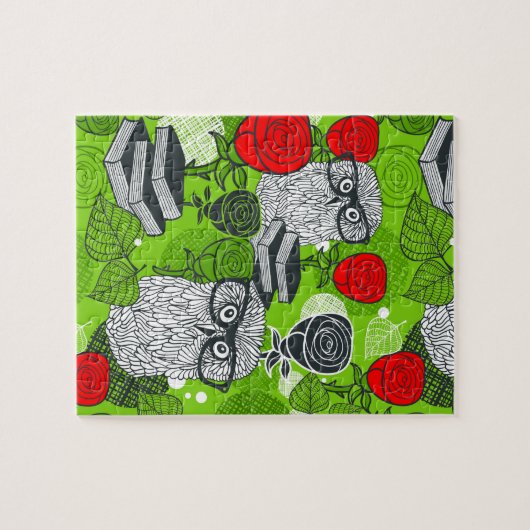 Owl in rode rozen legpuzzel (Horizontaal)