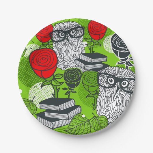 Owl in rode rozen papieren bordje (Voorkant)