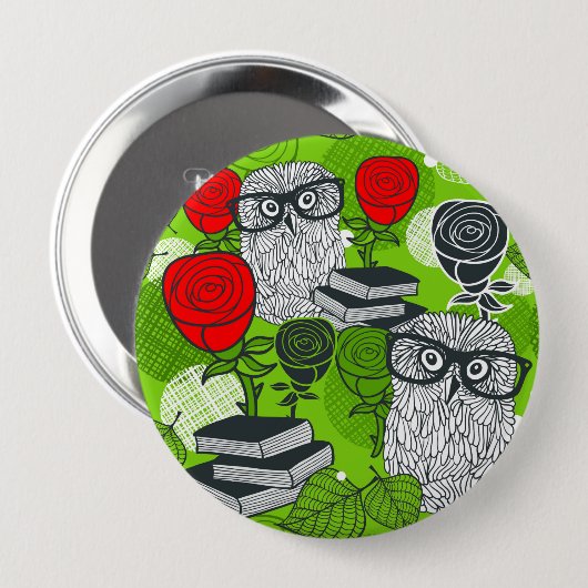 Owl in rode rozen ronde button 4,0 cm (Voorkant /achterkant)