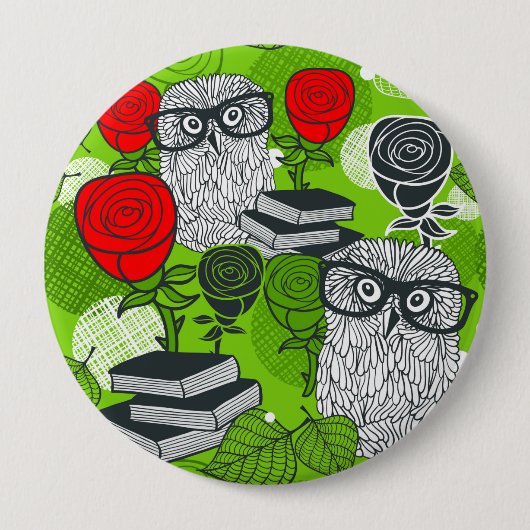 Owl in rode rozen ronde button 4,0 cm (Voorkant)