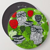 Owl in rode rozen ronde button 6,0 cm (Voorkant /achterkant)