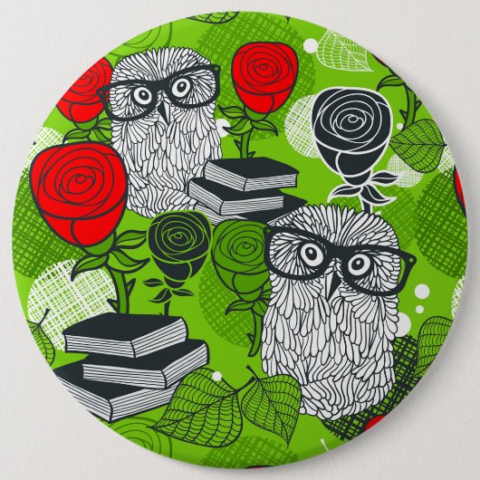 Owl in rode rozen ronde button 6,0 cm (Voorkant)
