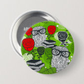 Owl in rode rozen ronde button 7,6 cm (Voorkant /achterkant)