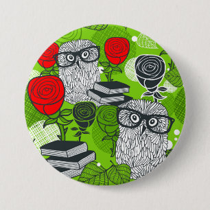 Owl in rode rozen ronde button 7,6 cm