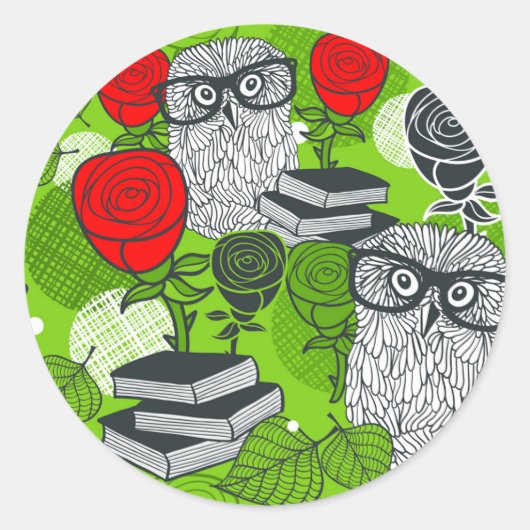 Owl in rode rozen ronde sticker (Voorkant)