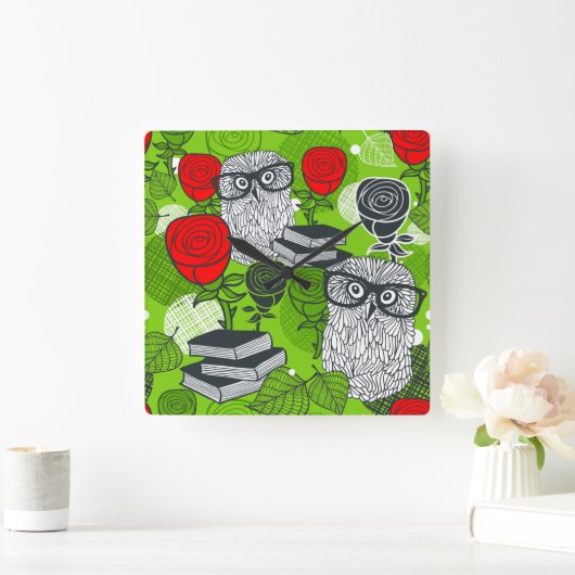 Owl in rode rozen vierkante klok (Huis)