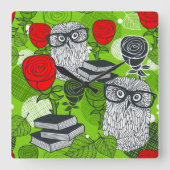 Owl in rode rozen vierkante klok (Voorkant)