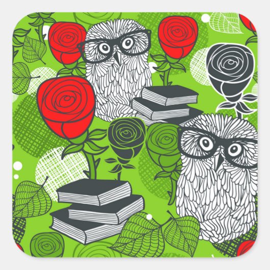 Owl in rode rozen vierkante sticker (Voorkant)