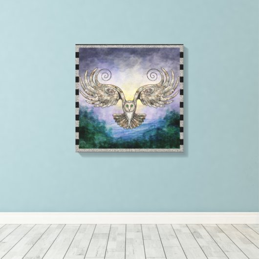 Owl in vlucht over het dennenbos op zonsopgang canvas afdruk (Insitu (Houten vloer))