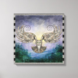 Owl in vlucht over het dennenbos op zonsopgang canvas afdruk