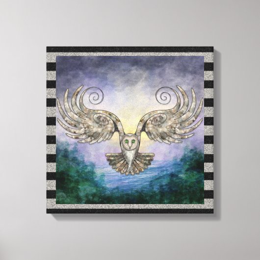 Owl in vlucht over het dennenbos op zonsopgang canvas afdruk (Voorkant)