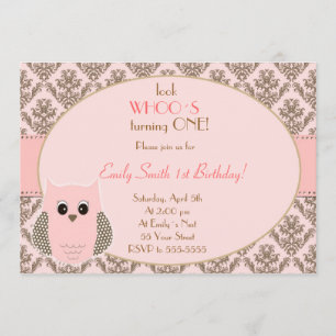 Owl Invitation Girl Birthday Party Pink Gold Kaart