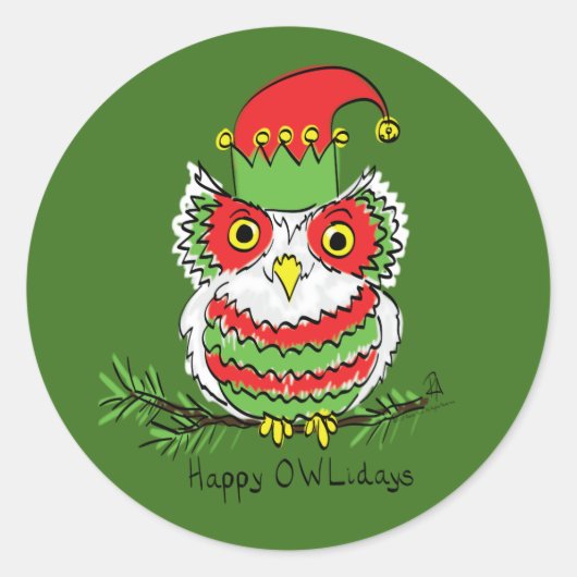 Owl Kerstmis Cute Funny Holiday Ronde Sticker (Voorkant)