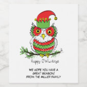 Owl Kerstmis Cute Funny Holiday Wijn Etiket (Enkel label)