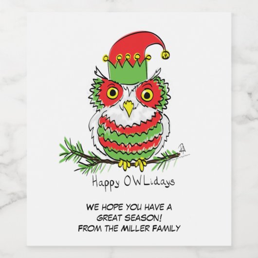 Owl Kerstmis Cute Funny Holiday Wijn Etiket (Enkel label)