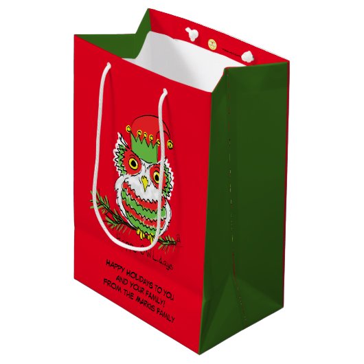 Owl Kerstmis Cute Funny Kinder Medium Cadeauzakje (Voorkant Gekanteld)