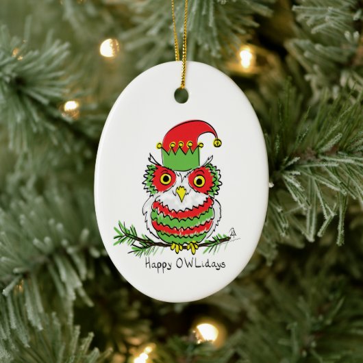 Owl Kerstmis Funny Cartoon Keramisch Ornament (Boom)
