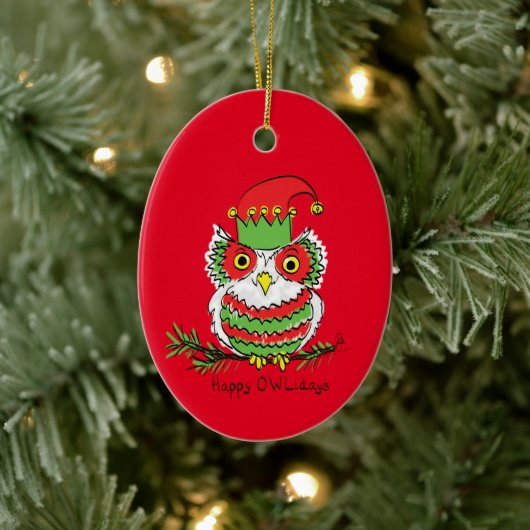 Owl Kerstmis Funny Cartoon Keramisch Ornament (Boom)