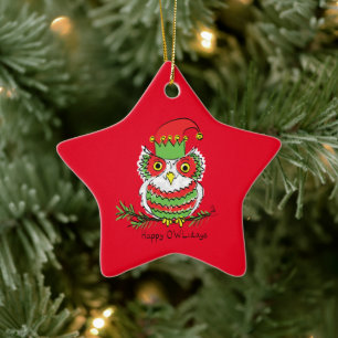 Owl Kerstmis Funny Cartoon Keramisch Ornament