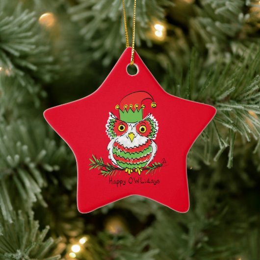 Owl Kerstmis Funny Cartoon Keramisch Ornament (Boom)