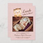 Owl Kijk eens wie er hier is Girls Photo Birth Ann Aankondiging (Voorkant / Achterkant)