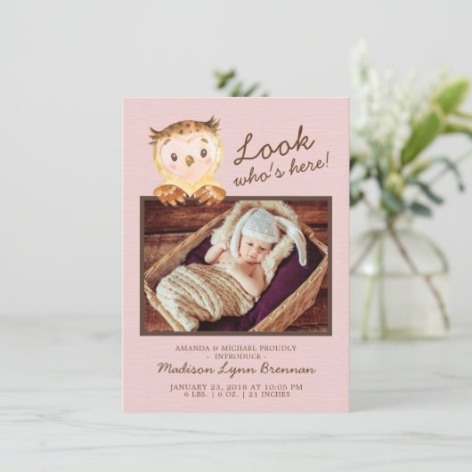 Owl Kijk eens wie er hier is Girls Photo Birth Ann Aankondiging (Staand voorkant)
