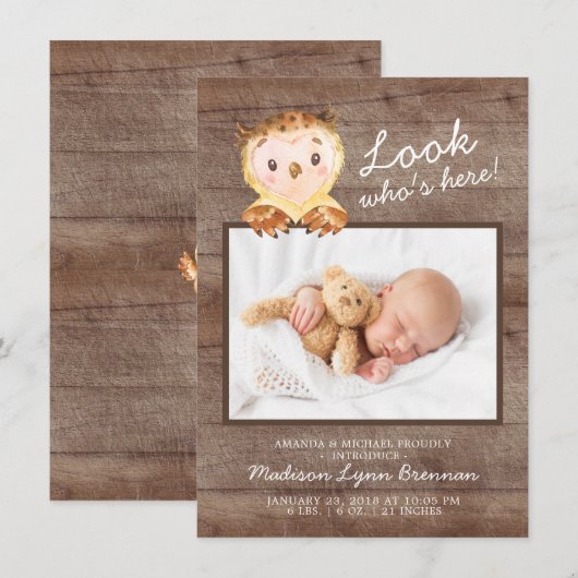 Owl Kijk eens wie hier is Jongen Foto Aankondiging (Voorkant / Achterkant)