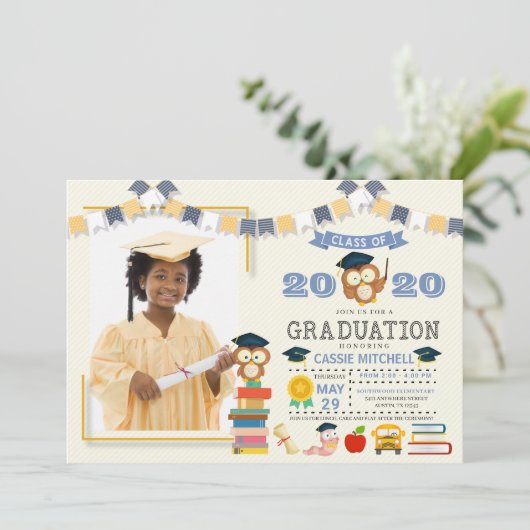 Owl Kinder Afstuderen Fotoaankondiging Uitnodiging (Staand voorkant)