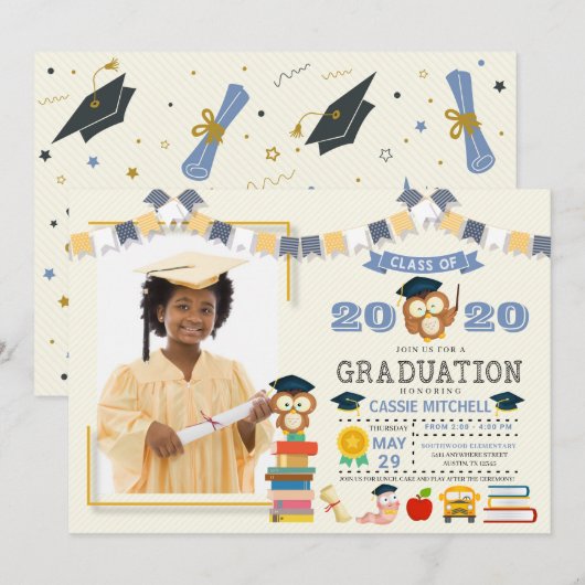 Owl Kinder Afstuderen Fotoaankondiging Uitnodiging (Voorkant / Achterkant)