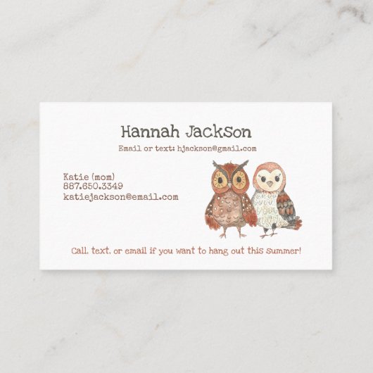 Owl Kinder Contactkaartje (Achterkant)