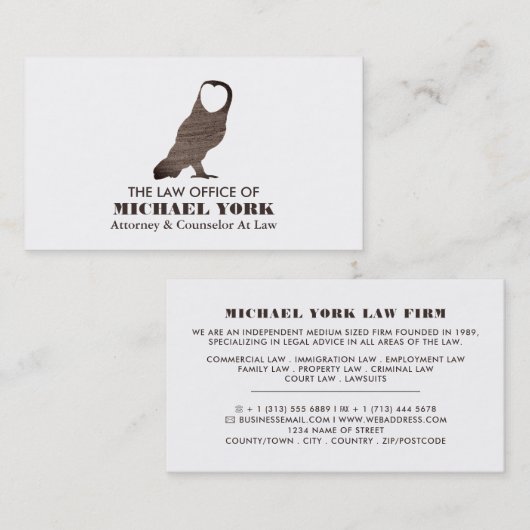 Owl Logo, juridisch professional Visitekaartje (Voorkant / Achterkant)