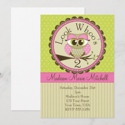 Owl look Who is 2 Invites for Girls Kaart (Voorkant / Achterkant)