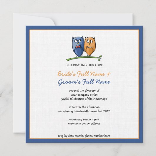 Owl Love framed Wedding Invitation Kaart (Voorkant)