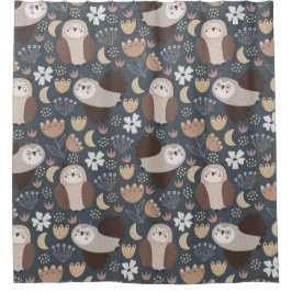 Owl Love Scandinavian Folk Art Animal Pattern Douchegordijn