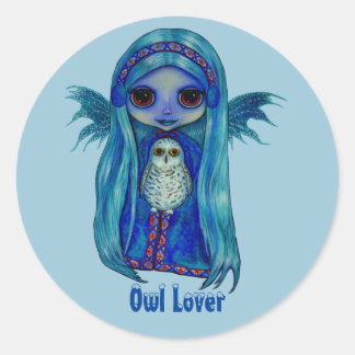Owl Lover Fairy met Snowy Owl Winter Big Eyes Ronde Sticker
