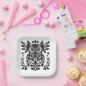 Owl Lovers Rustic Woodlands Black White Bohemian  Papieren Bordje (Feest)